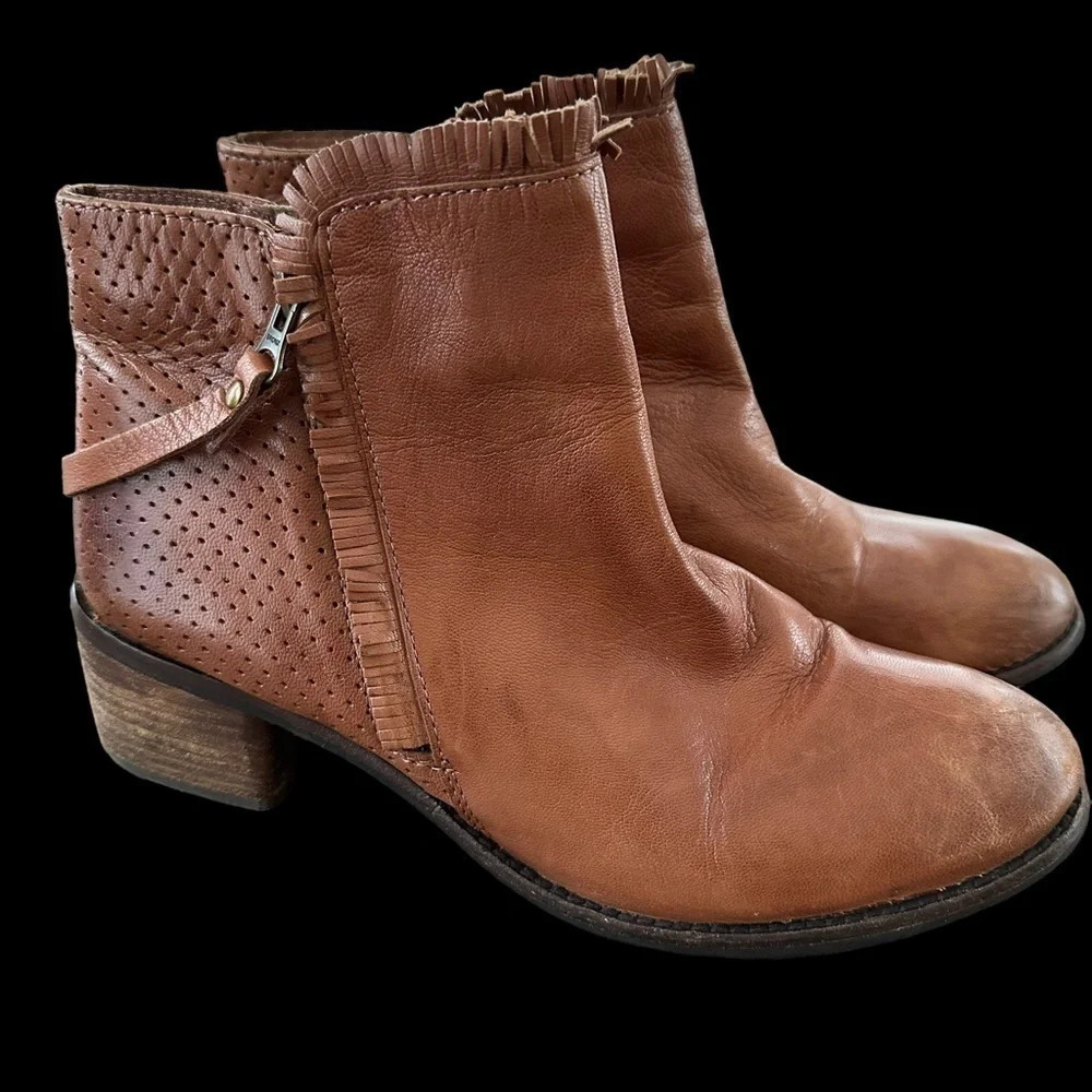 Diba True Womens 10 Brown Leather Short Boots Double Zip Up Fringe Western Shoes